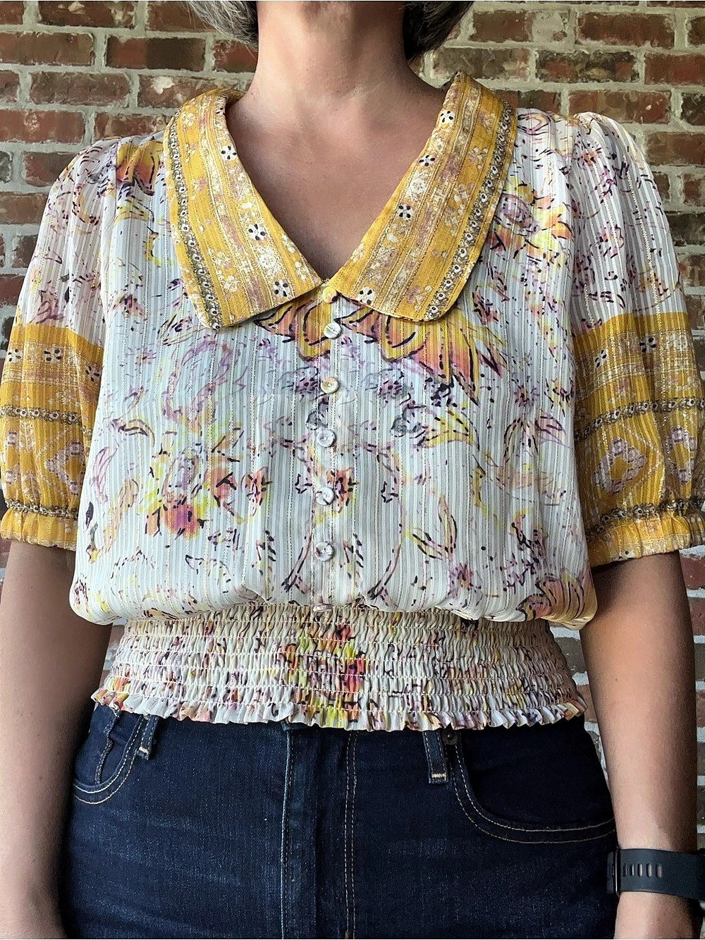 Rachel Zoe Floral Collared Blouse in White & Yellow Size Small